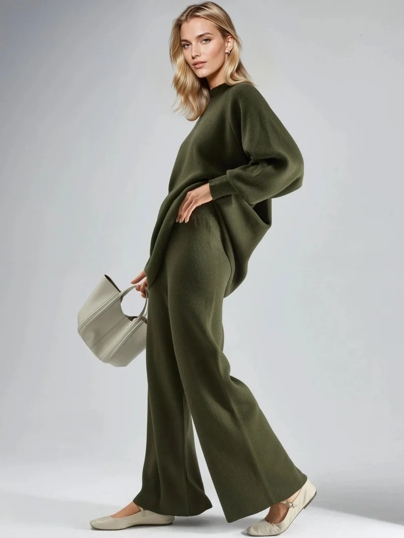 My Fashion Khaki Green MY FASHION Loose Fit Sweater & Pants Knit Co-ord Set for Women | Best Price UAE